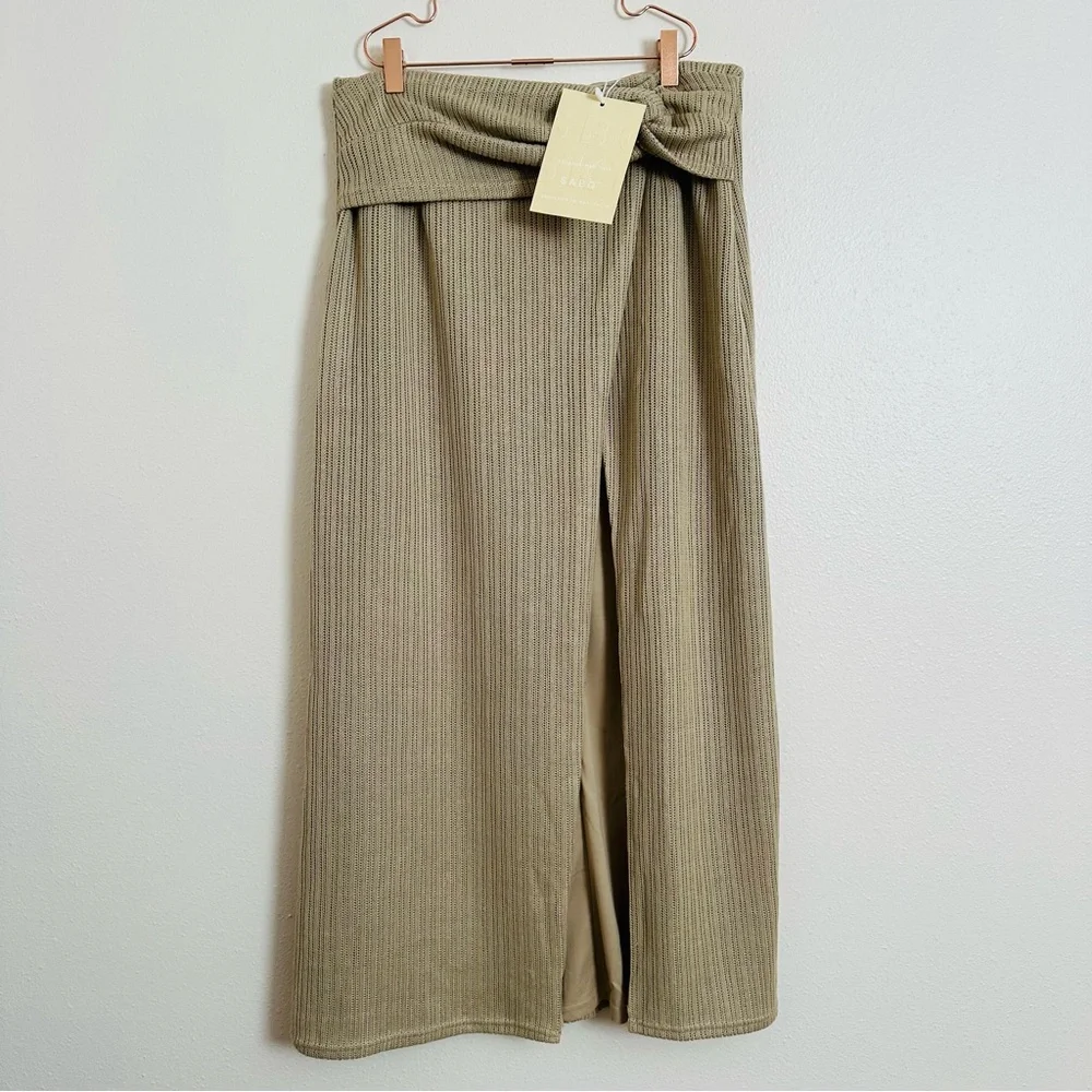 NWT SABO Nina Boho Knot-Front Ribbed Knit Hight Waisted Beige Split Maxi Skirt - Picture 8 of 14